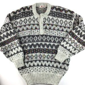 Vintage Mens Sweater M mohair wool fair isle Henley Jacob Club 90s rainbow gray